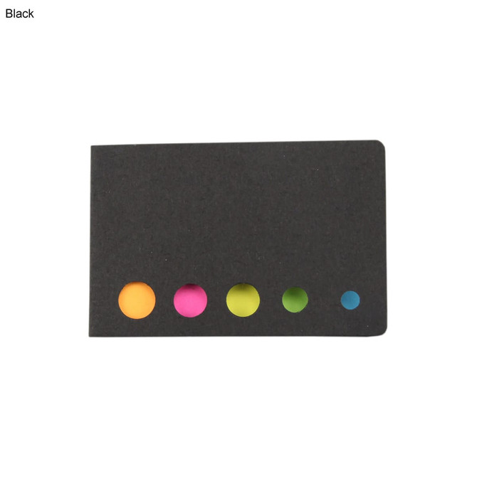 A black sticky note pad featuring five circular sticky notes in pink, orange, green, and blue.