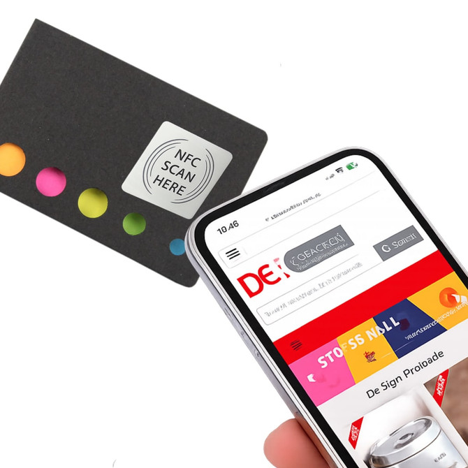 A black card with colourful dots and an NFC scan area alongside a smartphone displaying a website.