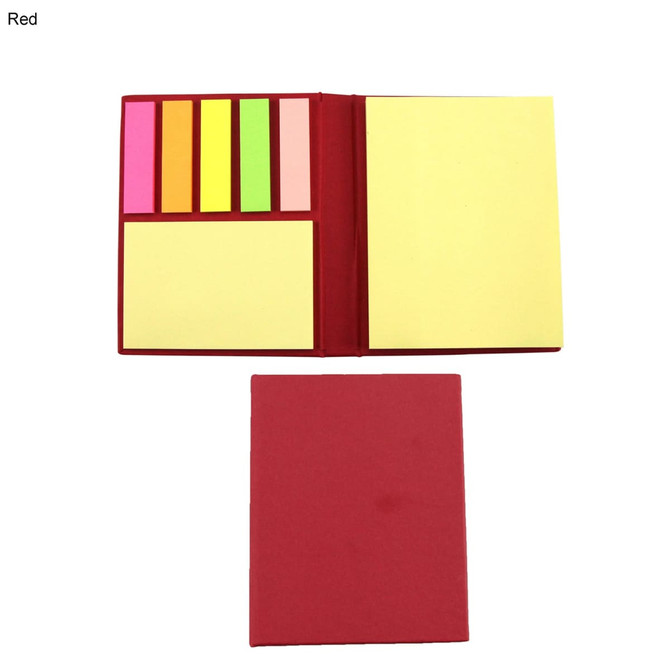 A red sticky note pad featuring yellow, pink, green, and orange notes. It has a flap cover and a logo.