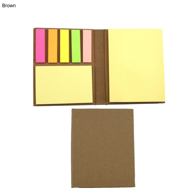 A brown Handy Sticky Note Pad featuring assorted sticky notes in pink, green, yellow, and orange, along with a notepad.