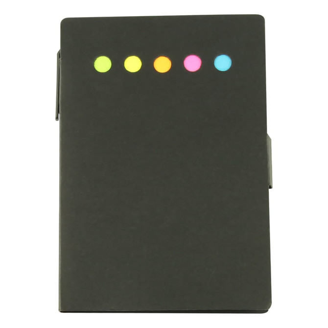 A black Konda Sticky Note Pad featuring five colourful sticky notes in neon yellow, green, orange, pink, and blue.