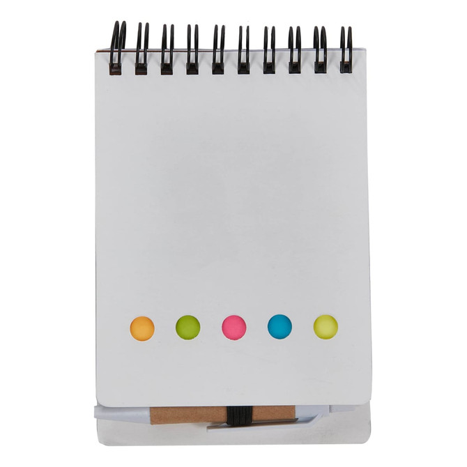 A white sticky note pad with a spiral binding and coloured dots at the top. It features a logo on the front cover.