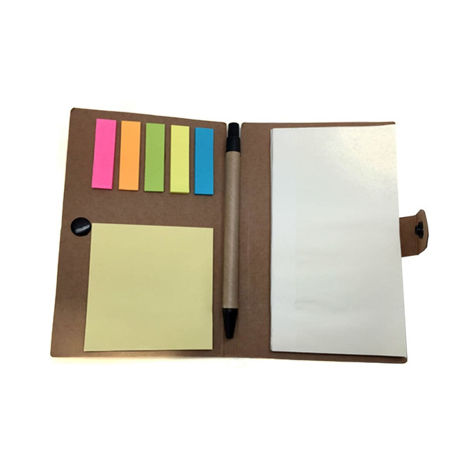 A brown adhesive marker note pad featuring sticky notes in pink, green, and orange, along with a pen and blank notepad.