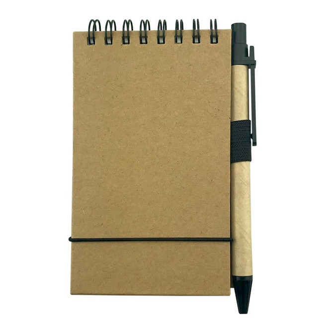 A brown Stone Paper Notebook with a spiral binding and a black pen attached, secured with a black elastic band.