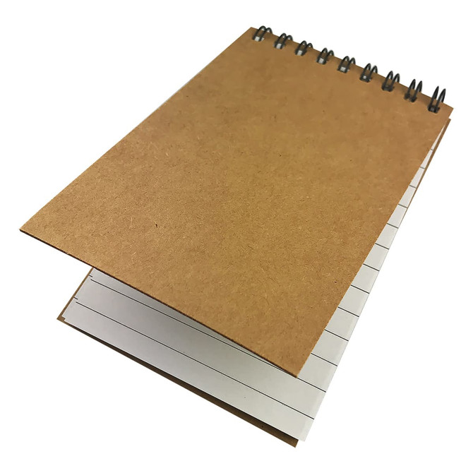 A brown spiral notebook with lined pages, featuring a cardboard cover and metal spiral binding.