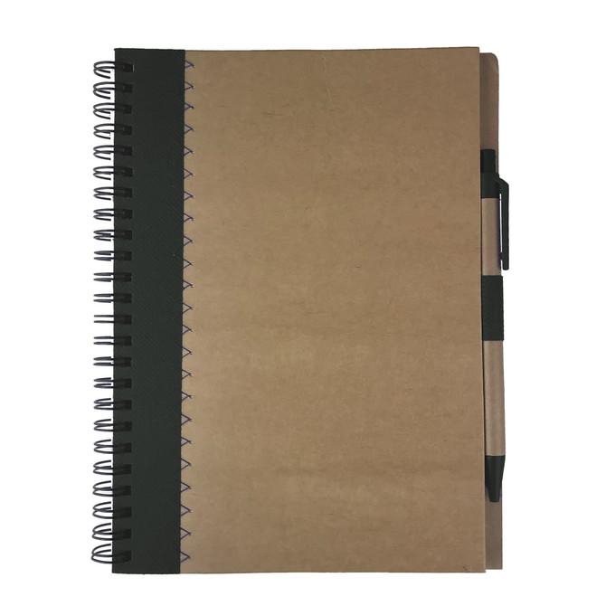 A brown recycled paper notebook with a spiral binding and green strap, featuring a pen holder.