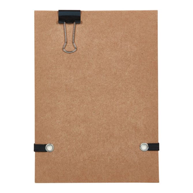 A brown Flexi Notebook with a black paperclip and two black elastic bands on the sides. It has a logo.
