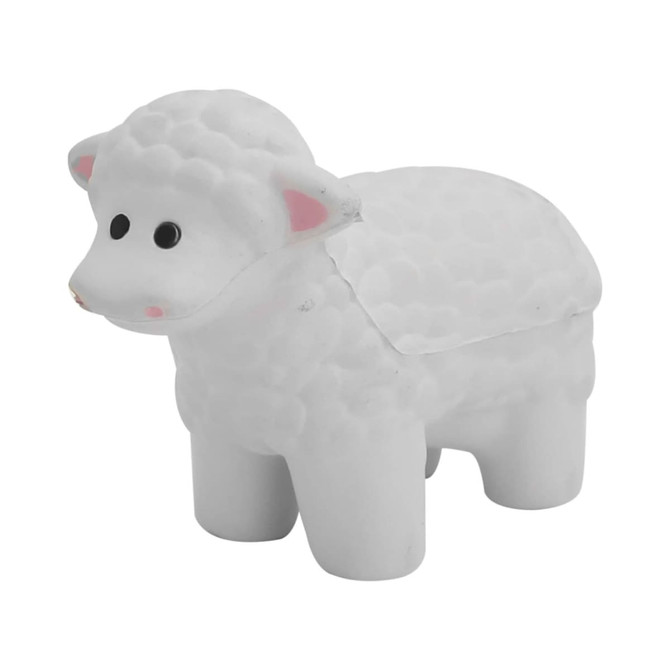 A white stress sheep shaped like a ram with textured wool and small facial features, featuring a branding logo.