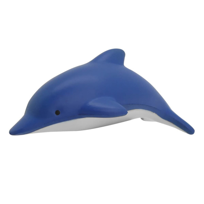 A blue dolphin stress toy with a smooth surface, featuring a white underbelly. It includes a logo.