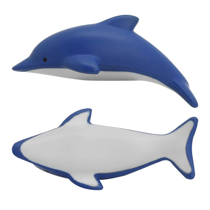 A blue and white stress dolphin, with a smooth texture and rounded shape, featuring a small logo on one side.