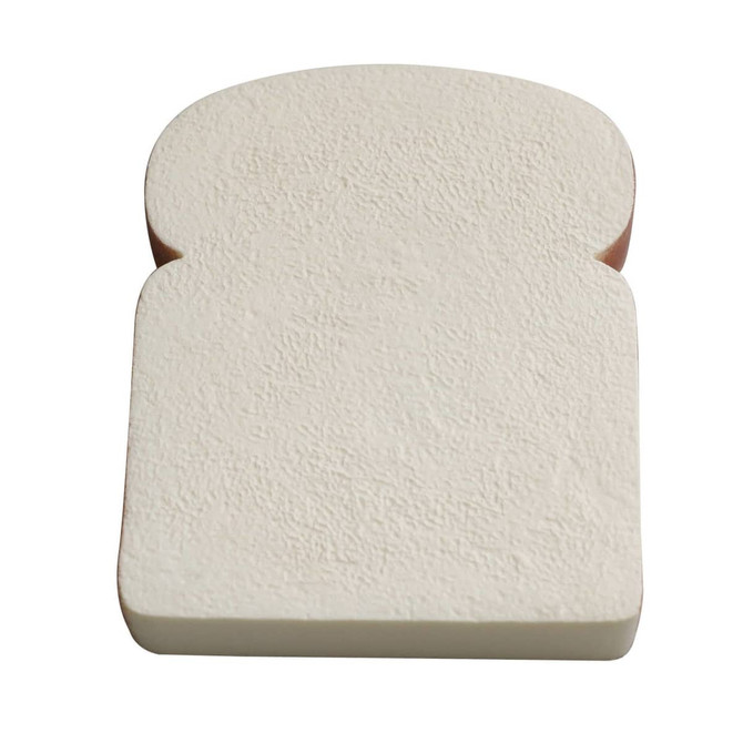 A loaf-shaped stress relief toy in cream and light brown, featuring a textured surface. It has a logo on it.