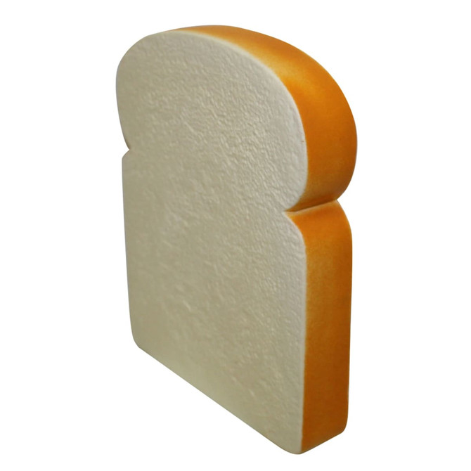 A squishy, foam stress bread shaped like a loaf, featuring a white body with a brown crust. It has a logo on one side.