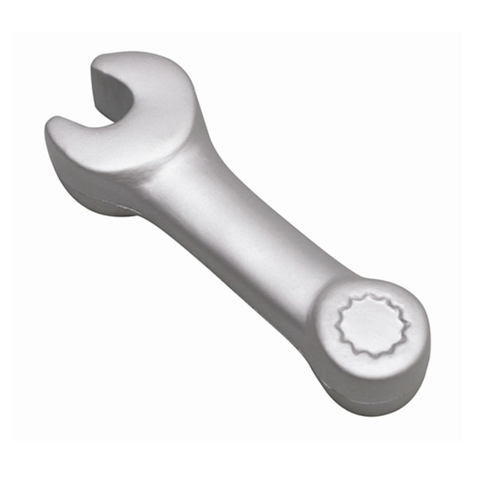 A silver stress toy shaped like a spanner, featuring a rounded handle and an open-ended jaw.