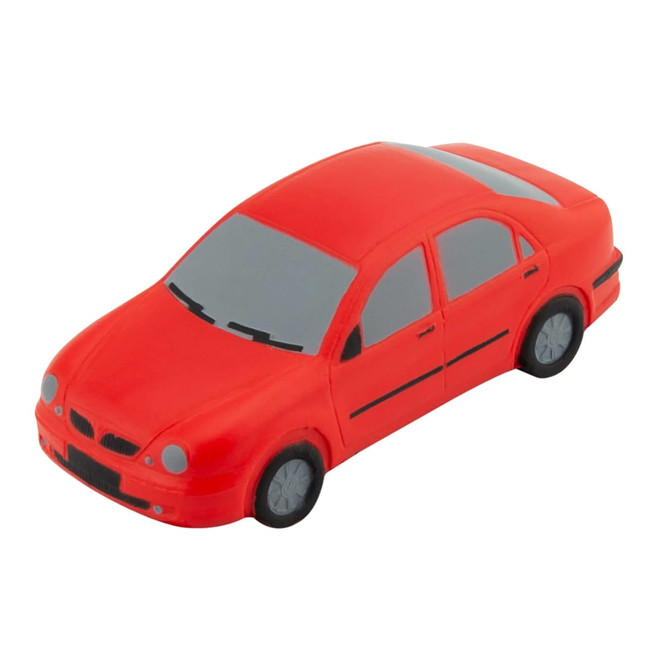 A red stress sedan car with grey windows and wheels, featuring a logo on one side.