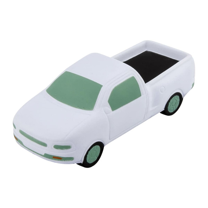 A white and green stress toy shaped like a ute, featuring a black truck bed and wheels.