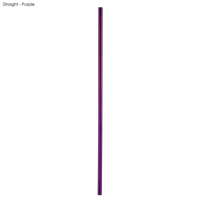 A purple stainless steel straw, measuring 6mm x 215mm, featuring a straight design and a logo.