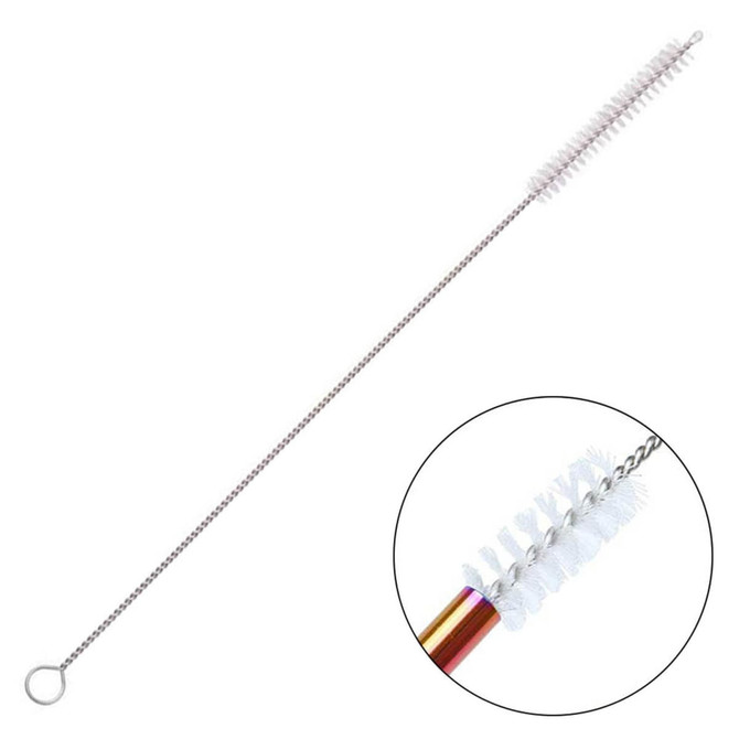 A stainless steel straw in silver, 6mm x 266mm, with a cleaning brush featuring a colourful handle and a circular loop at one end.