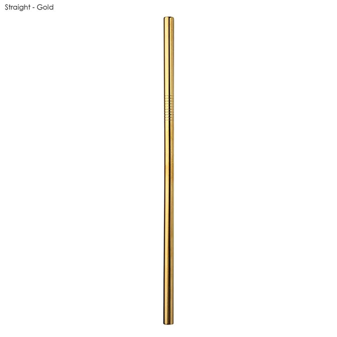 A gold stainless steel straw, straight design, measuring 8mm x 215mm. Features a logo at the top.