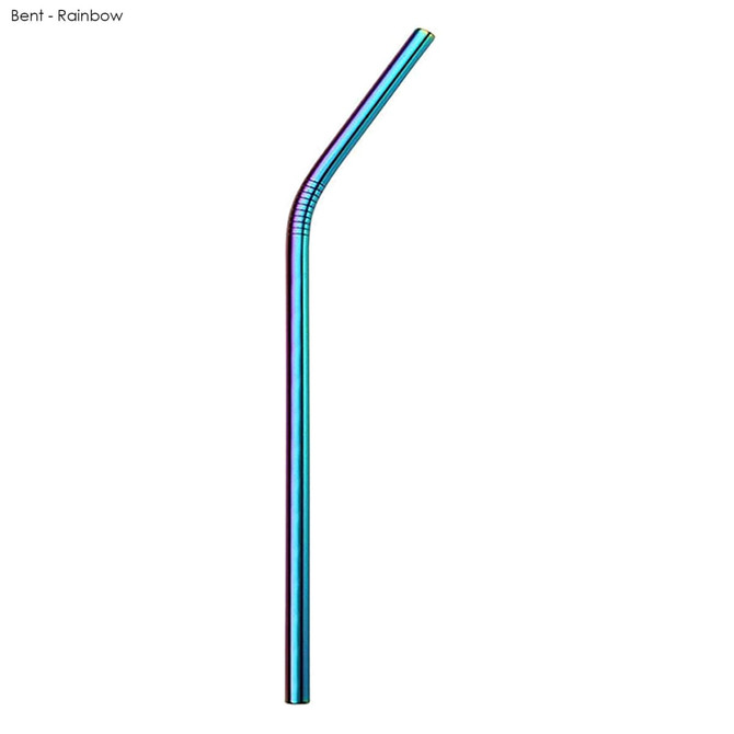A bent stainless steel straw in a rainbow finish, featuring a glossy surface and a logo.