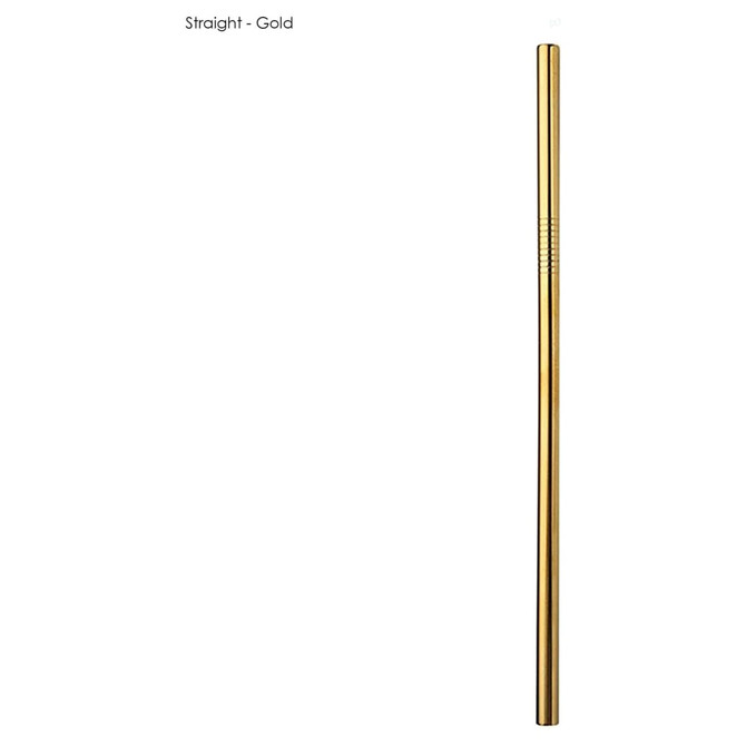 A straight gold stainless steel straw designed for drinking, featuring a simple sleek design and a logo.
