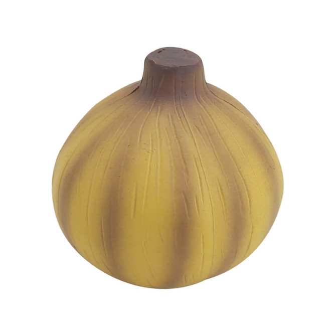 A yellow stress toy shaped like an onion, featuring brown accents and a rounded top, with a logo visible.