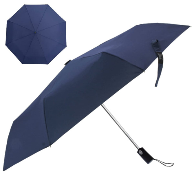 A navy umbrella with a silver handle and a strap, featuring a logo on the handle.