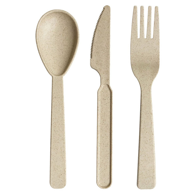Wheat straw utensils in a light beige colour, including a spoon, knife, and fork arranged together.