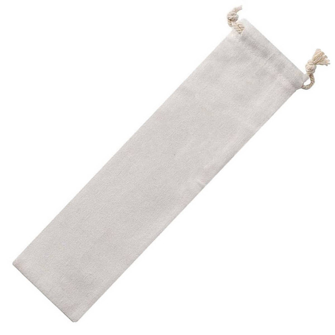 A beige bag with drawstring closure, designed to hold wheat straw utensils. Ideal for sustainable cutlery storage.