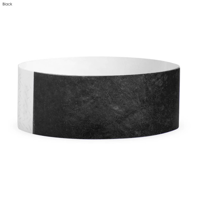 A Tyvek adult wristband in black and white, featuring a textured section and a logo. Ideal for events and exhibitions.