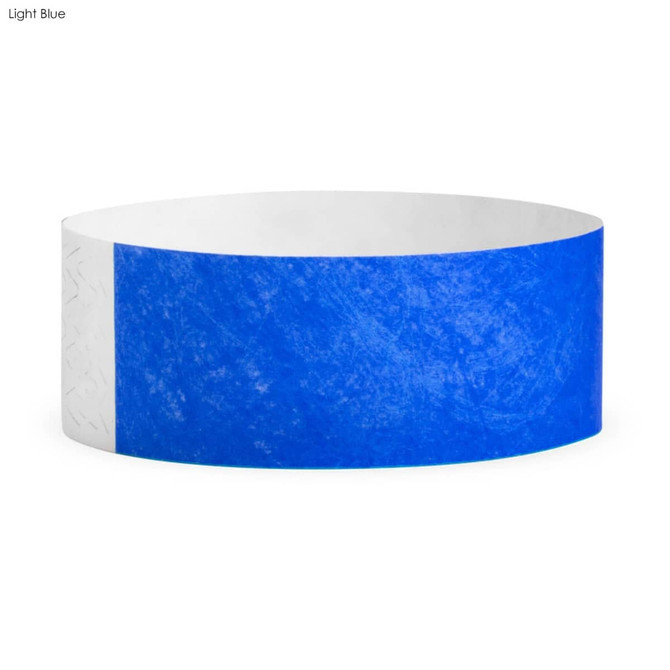 A light blue Tyvek adult wristband with a white section, suitable for exhibitions and events.
