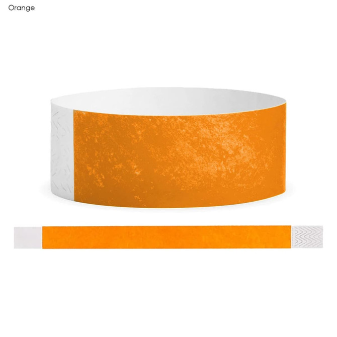 An orange Tyvek adult wristband with a textured finish, featuring a white section on one side and a logo.