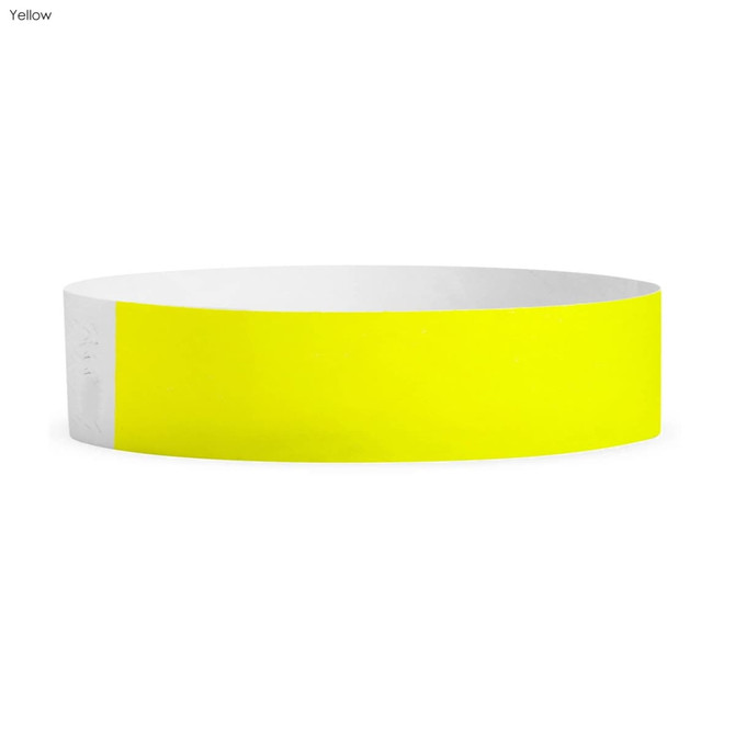 A bright yellow Tyvek wristband, 19mm wide, suitable for events. The band features a white section and has a logo.