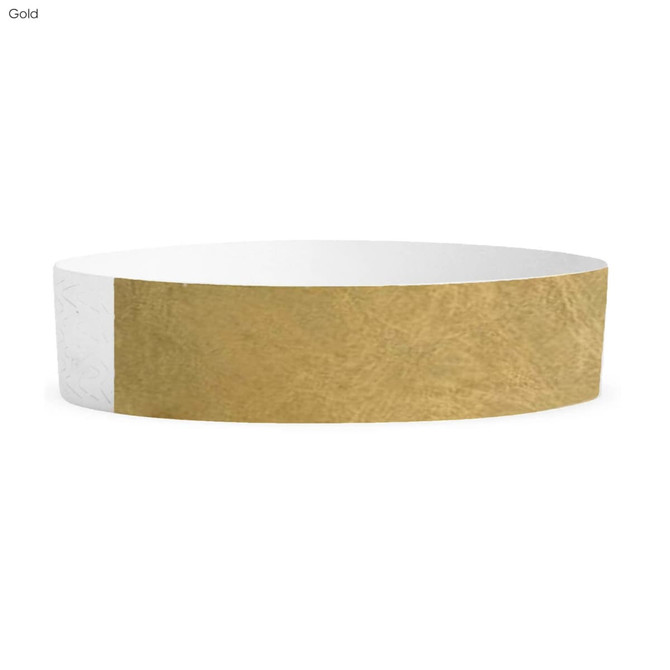 A gold Tyvek kids wristband with a textured surface and a white section. Features a branding logo.