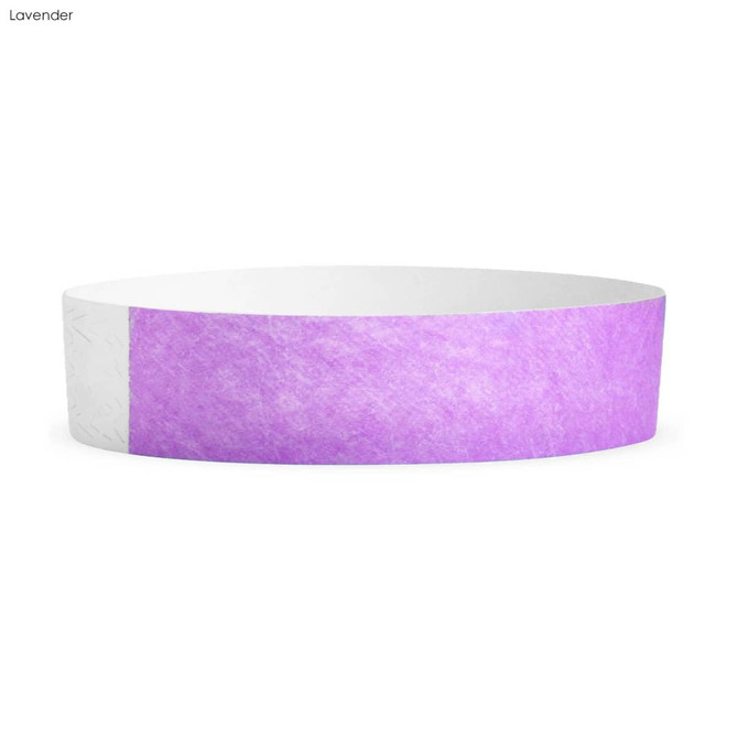 A lavender Tyvek wristband, 19mm wide, featuring a textured design and a logo. Ideal for events and exhibitions.
