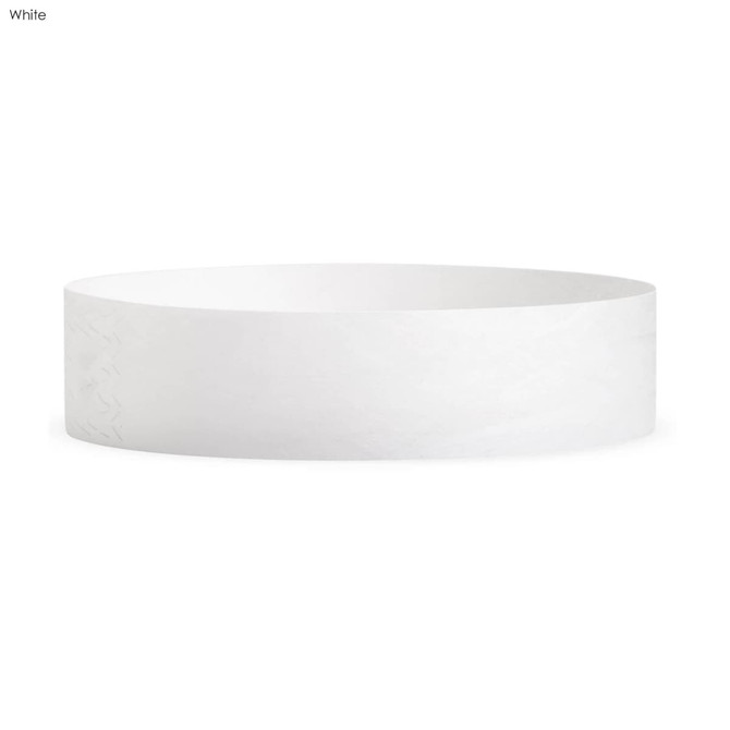 A white Tyvek wristband, 19mm wide, featuring a textured pattern and a logo. Ideal for events and exhibitions.