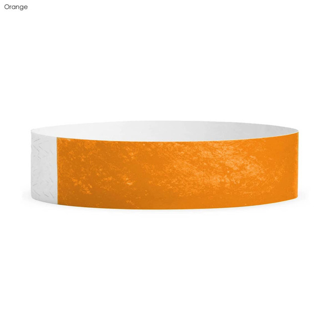 An orange Tyvek wristband with a white section, designed for events and exhibitions. It features a logo.