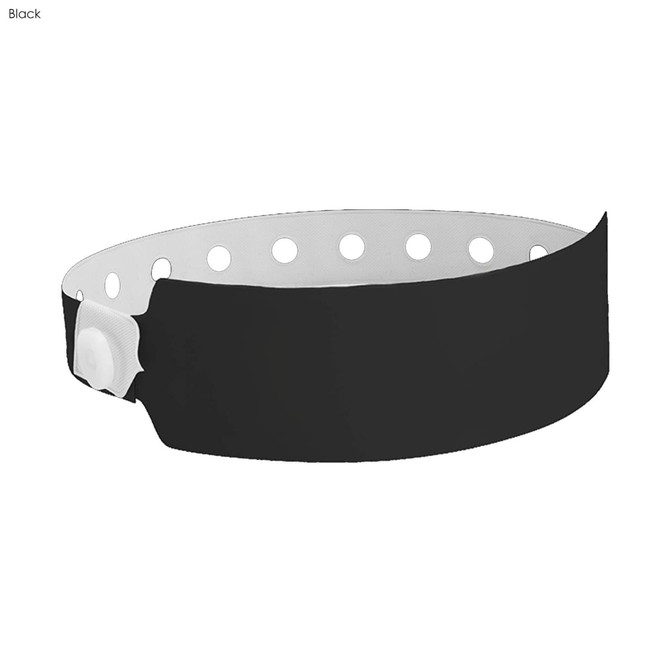 A black vinyl wristband with a white inner lining and multiple holes for fastening. It features a logo.