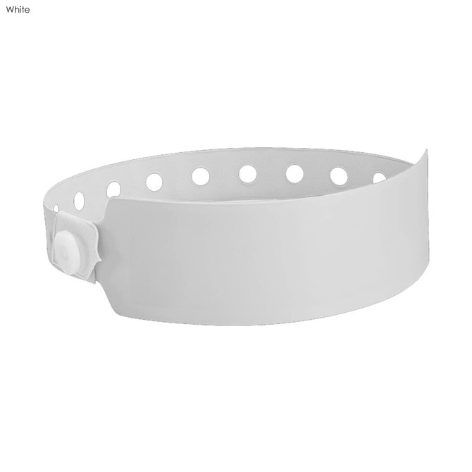A white vinyl wristband with a snap closure and multiple holes for adjustment. It features a logo.