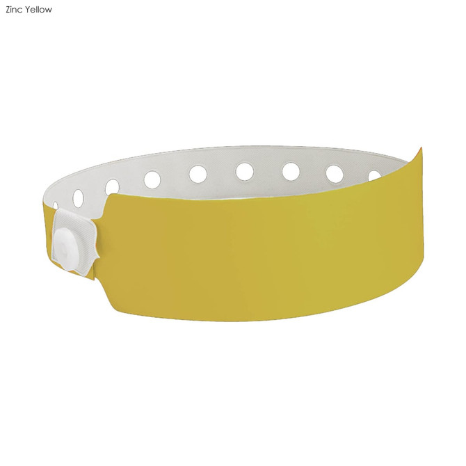 A zinc yellow vinyl wristband with a white adjustable snap closure and multiple hole punch designs.