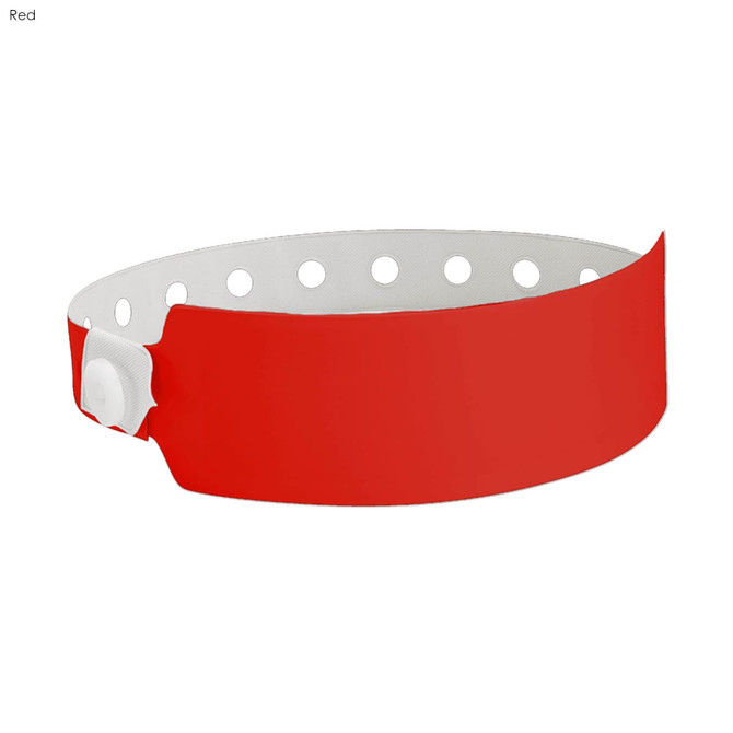 A red vinyl wristband with holes and a white fastening, suitable for events and exhibitions.