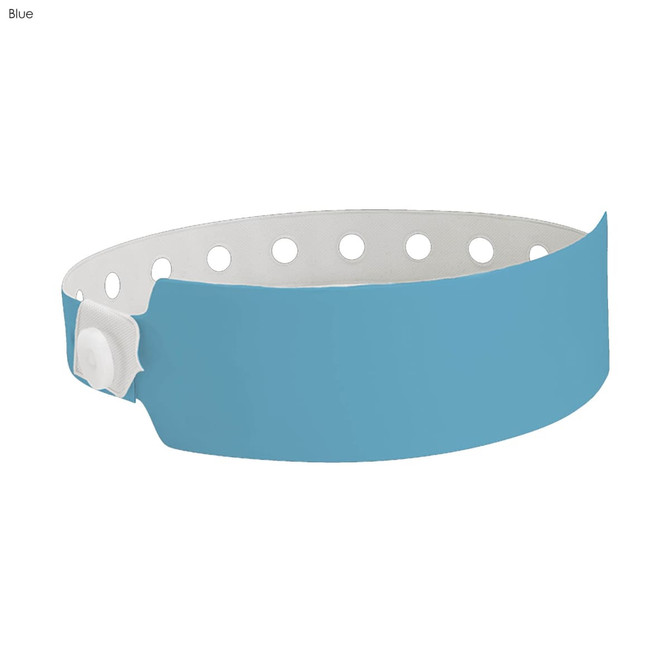 A blue vinyl wristband featuring a white interior and closure, designed for events and exhibitions.