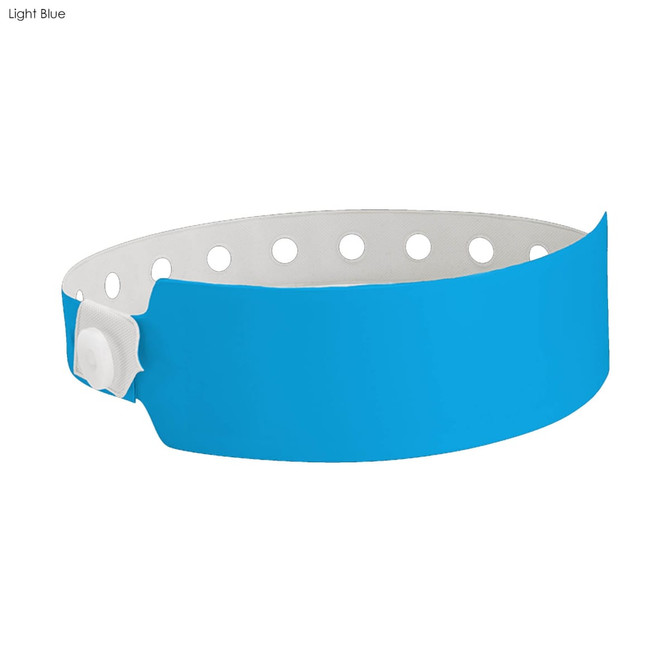 A light blue vinyl wristband with white inner side and a secure fastening, featuring a logo.