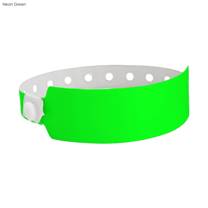 A neon green vinyl wristband with a snap closure and ventilation holes, featuring a logo.