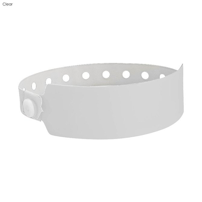 A white vinyl wristband with holes and a secure button closure, featuring a logo. Ideal for events and exhibitions.