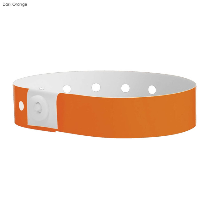 A dark orange vinyl wristband with a white snap closure and several punched holes.