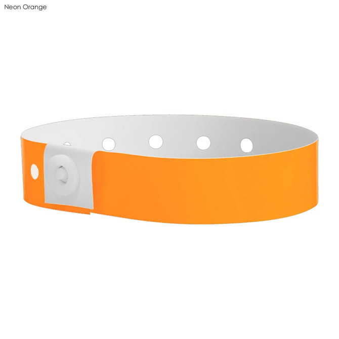 A neon orange vinyl wristband with a white connector and multiple holes for adjustment. Branding is visible.
