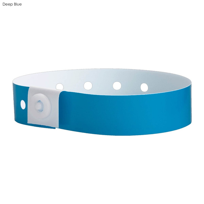 A deep blue vinyl wristband with a white snap closure, featuring holes for adjustable fitting.