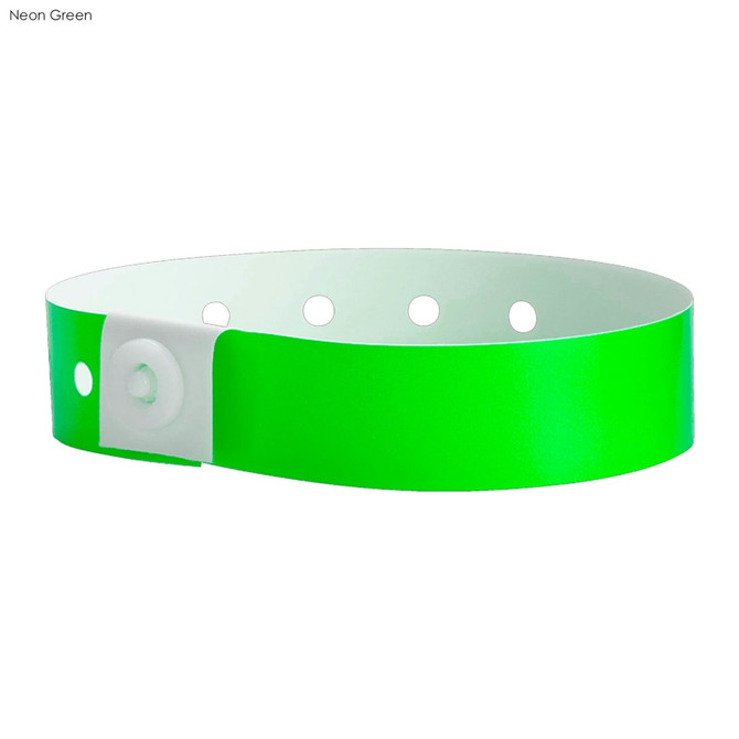 A neon green vinyl wristband with a white fastener and multiple holes for adjustment. Features a logo.