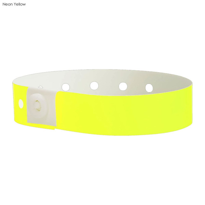 A neon yellow vinyl wristband with a snap closure and multiple holes for adjustable fitting. It features a logo.