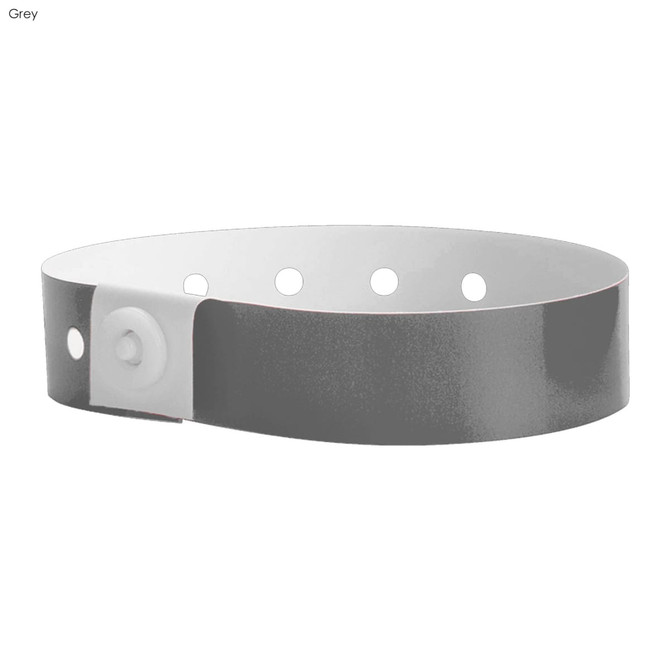 A grey vinyl wristband featuring a button closure and multiple holes for adjustment. It has a logo on the surface.